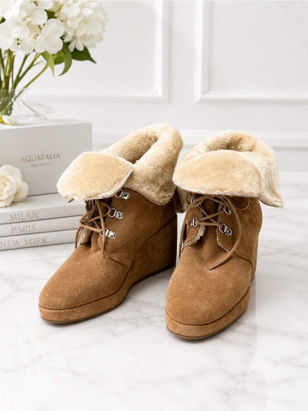 Aquatalia Suede Shearling Wedge Ankle Boots Women Size 8 Italy NWOB Luxe
